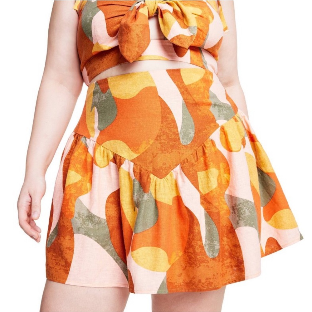 Mixed paint print mini skirt FE Noel x Target orange/brown/peach